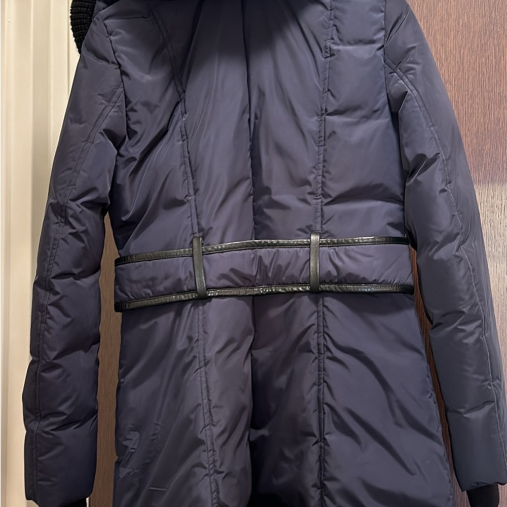 Mackage Navy Brigid Asymmetrical Pillow Collar with leather detail